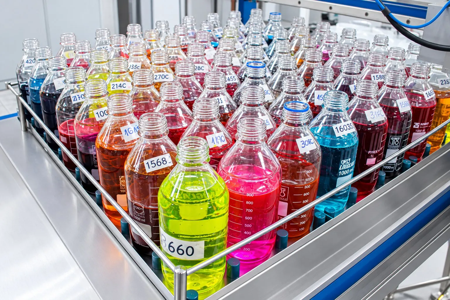 Dye bottles in the color lab